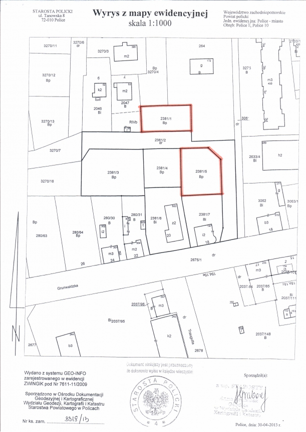 Mapka obrazująca dwie działki przy ul. Grunwaldzkiej w Policach przeznaczone do sprzedaży